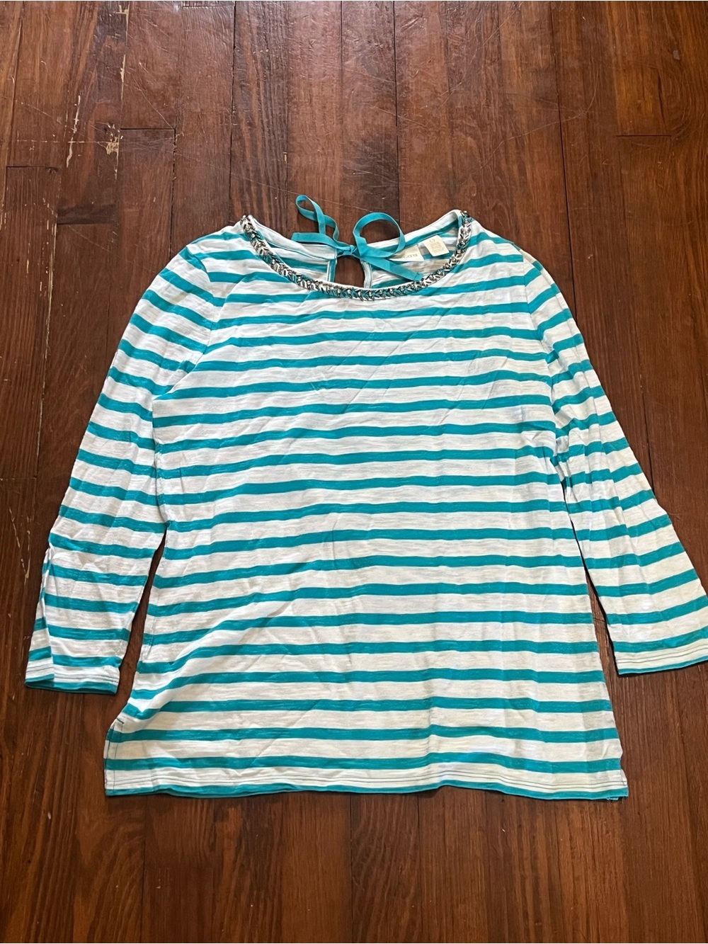 Chico's Teal and White Striped 3/4Sleeve Top with Back Tie and Embroidered Beads